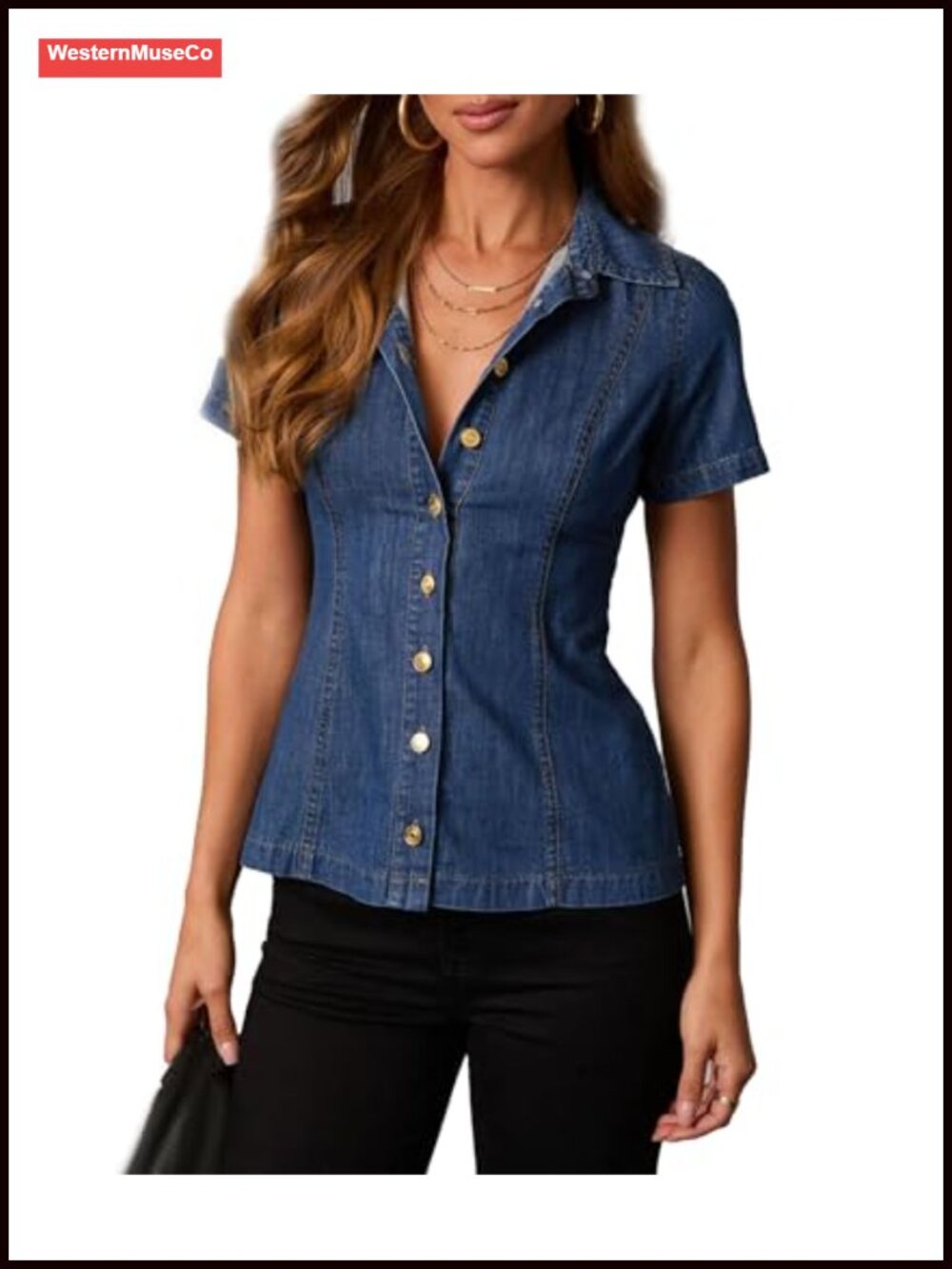 Denim Button Down Short Sleeve Tunic Top Casual Summer